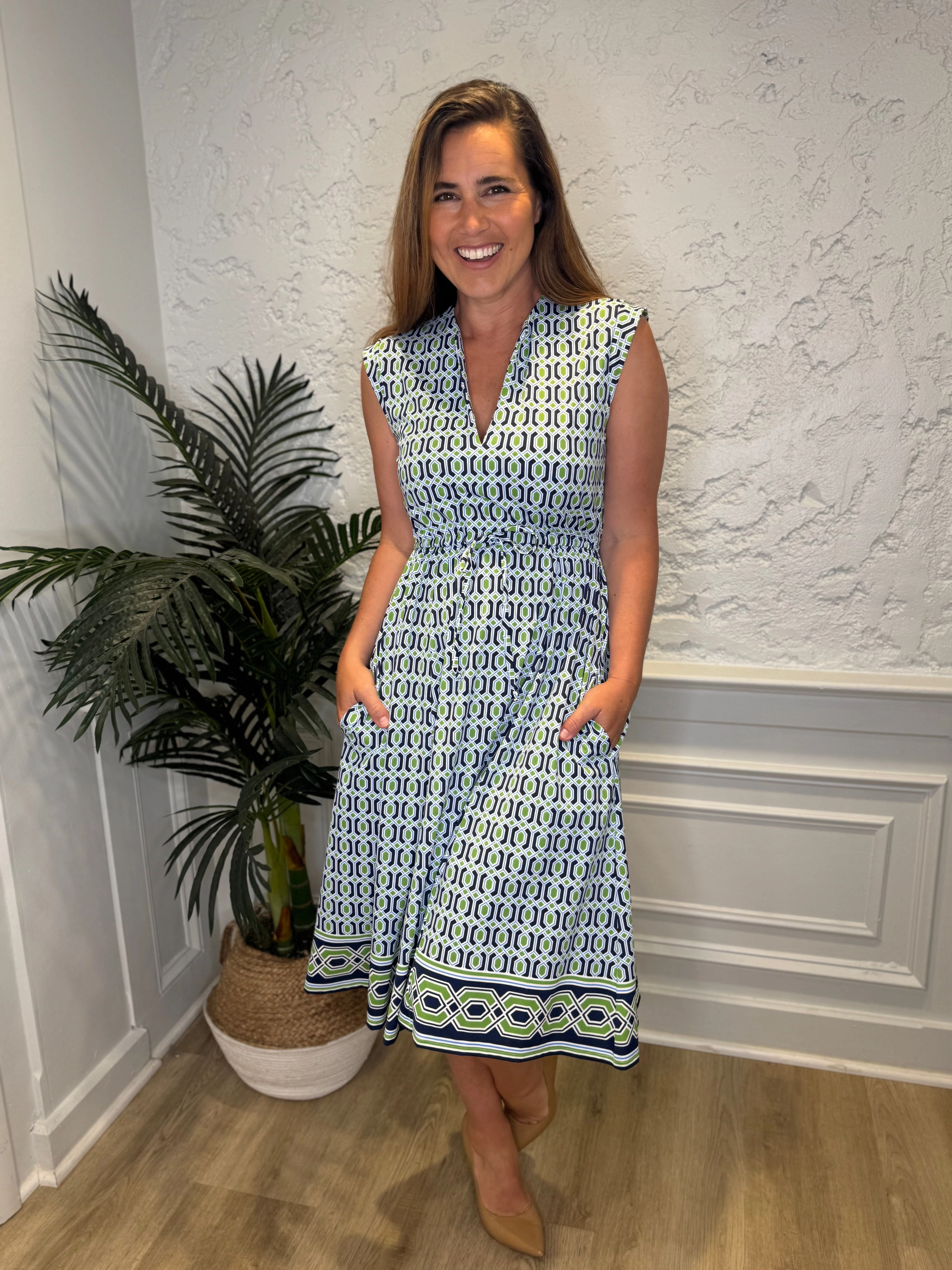 Jude Connally Tess Midi Dress - Terrace Geo Border Navy