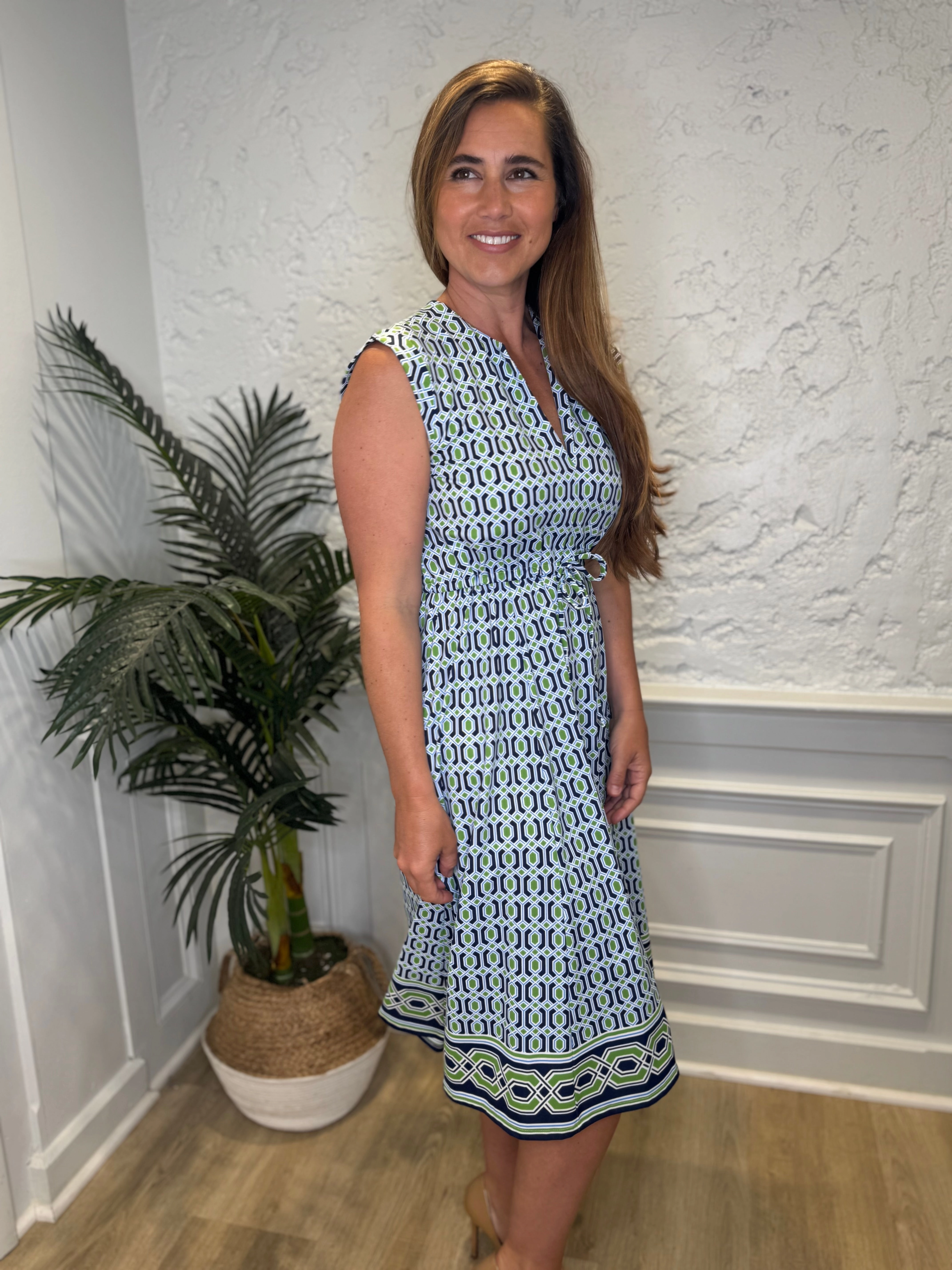 Jude Connally Tess Midi Dress - Terrace Geo Border Navy