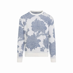 Knitted C-Neck White And Blue Cotton Pullover designer sweaters outlet