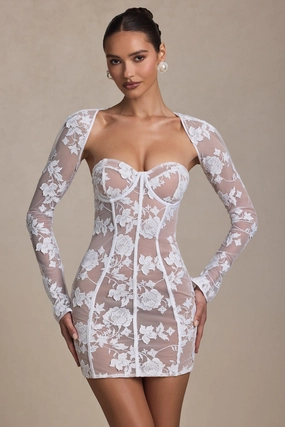 Lace-Detail Corset Mini Dress in White Dresses - lace dresses best price