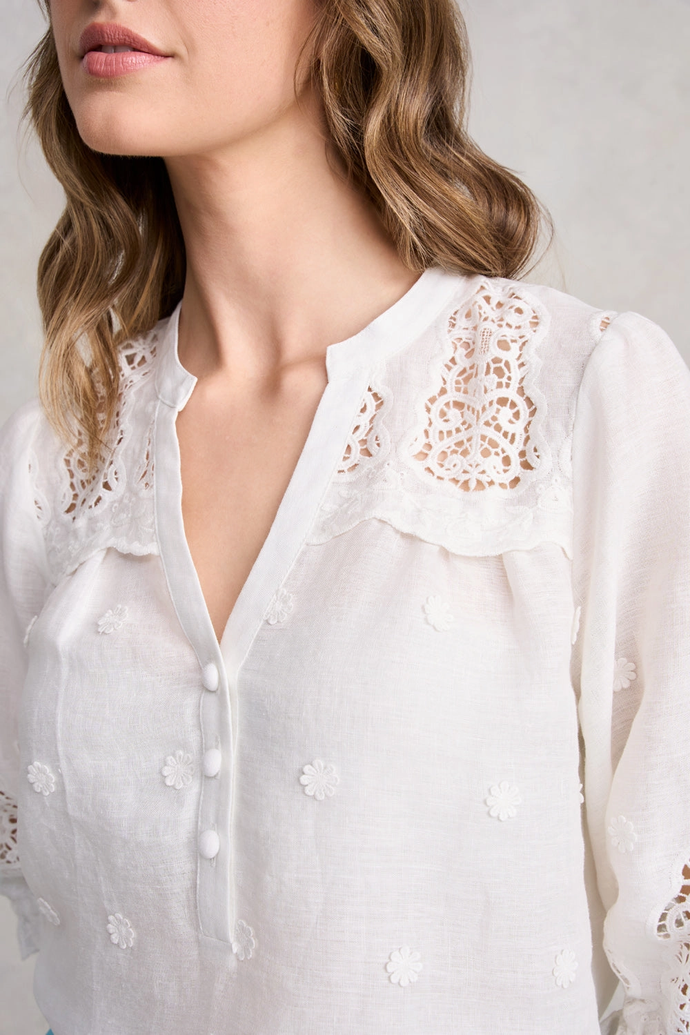 Lace Embroidered Linen Top - White