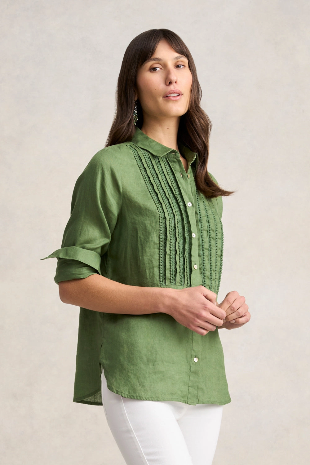 Lace Trim Linen Shirt - Khaki