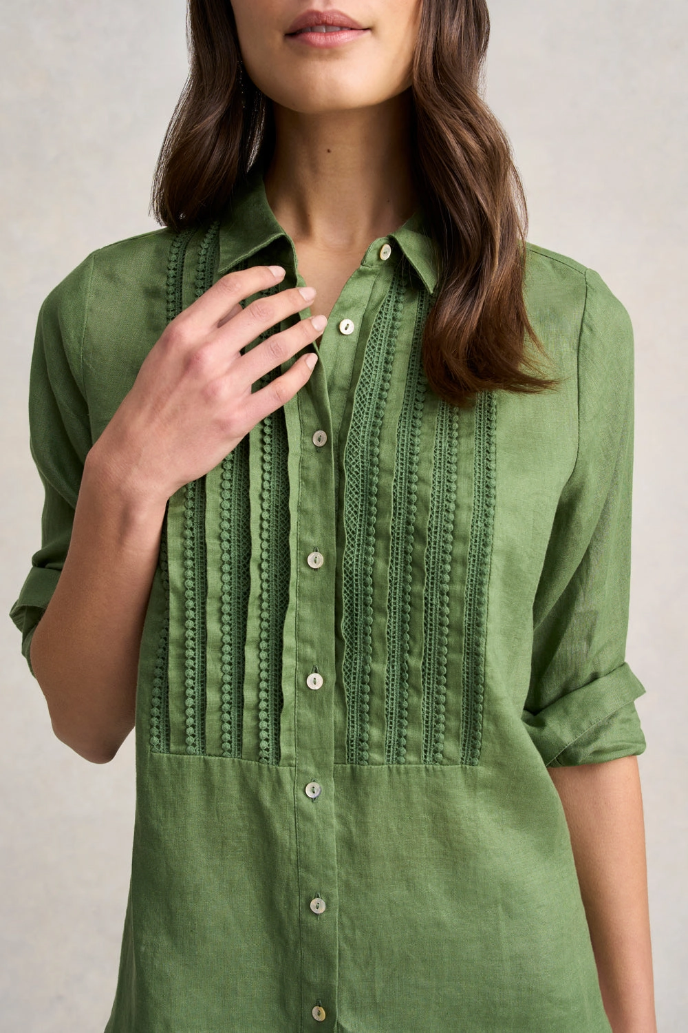 Lace Trim Linen Shirt - Khaki