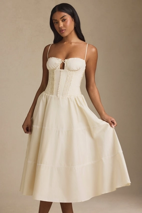Lace-Trim Pintucked Poplin Midaxi Dress in Ivory Dresses - sundresses outlet