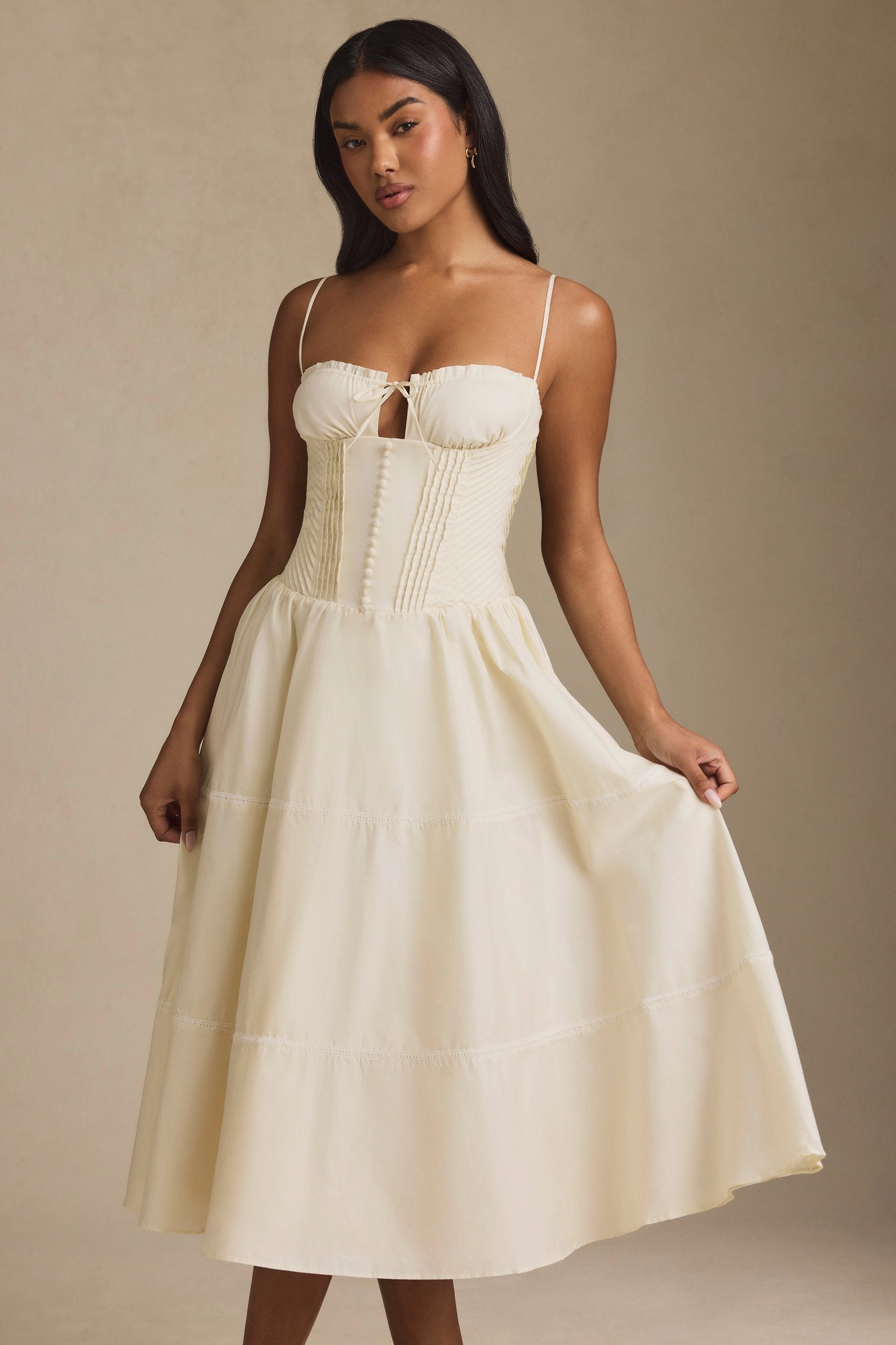 Lace-Trim Pintucked Poplin Midaxi Dress in Ivory Dresses - sundresses outlet