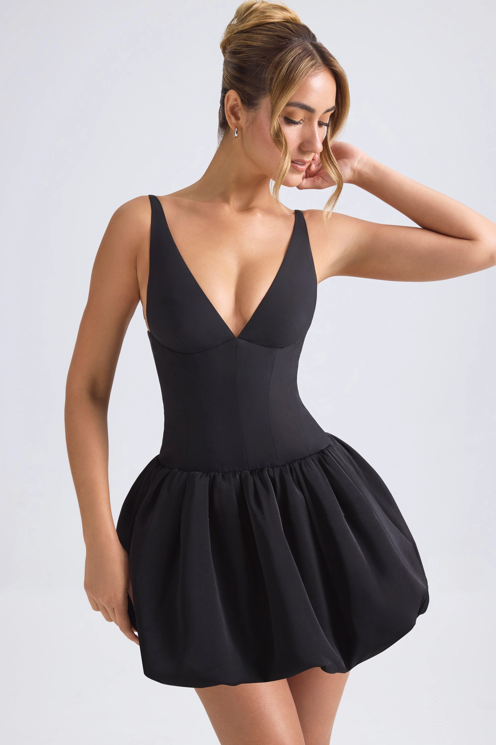 Lace-Up Bubble Hem Corset Micro Mini Dress in Black Dresses - sundresses outlet