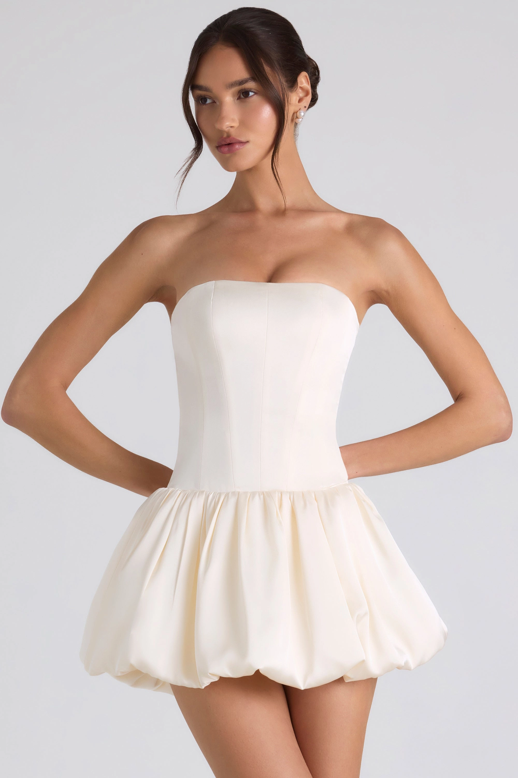 Lace-Up Bubble Hem Corset Mini Dress in Ivory Dresses - lace dresses best price