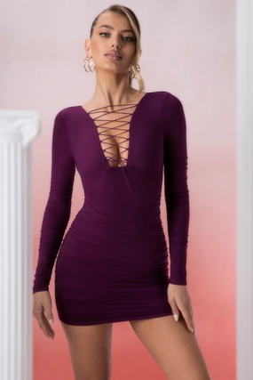 Lace Up Long Sleeve Mini Dress in Wine Dresses - wrap dresses discount