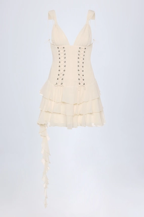 Lace-Up Ruffled Tiered Mini Dress in Ivory Dresses - wrap dresses discount