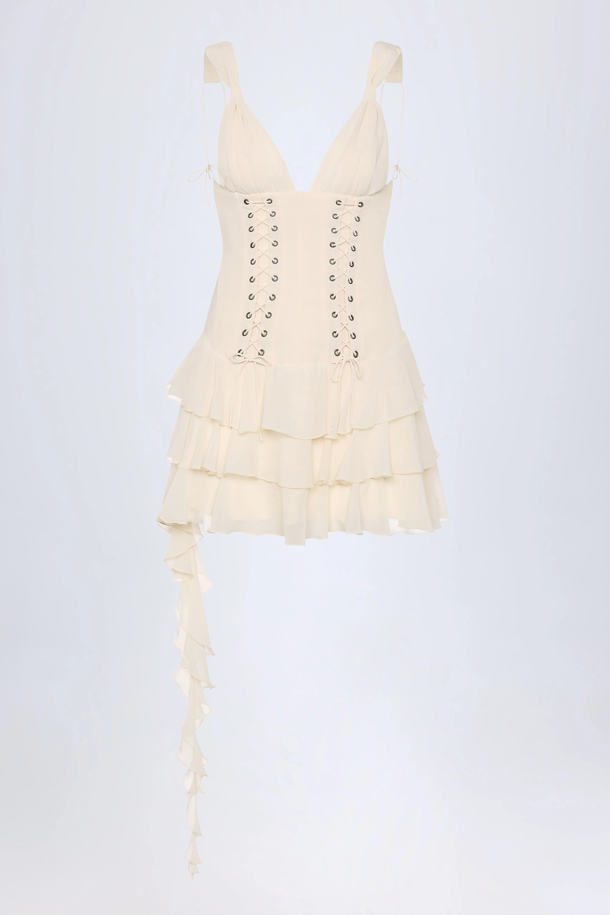 Lace-Up Ruffled Tiered Mini Dress in Ivory Dresses - wrap dresses discount
