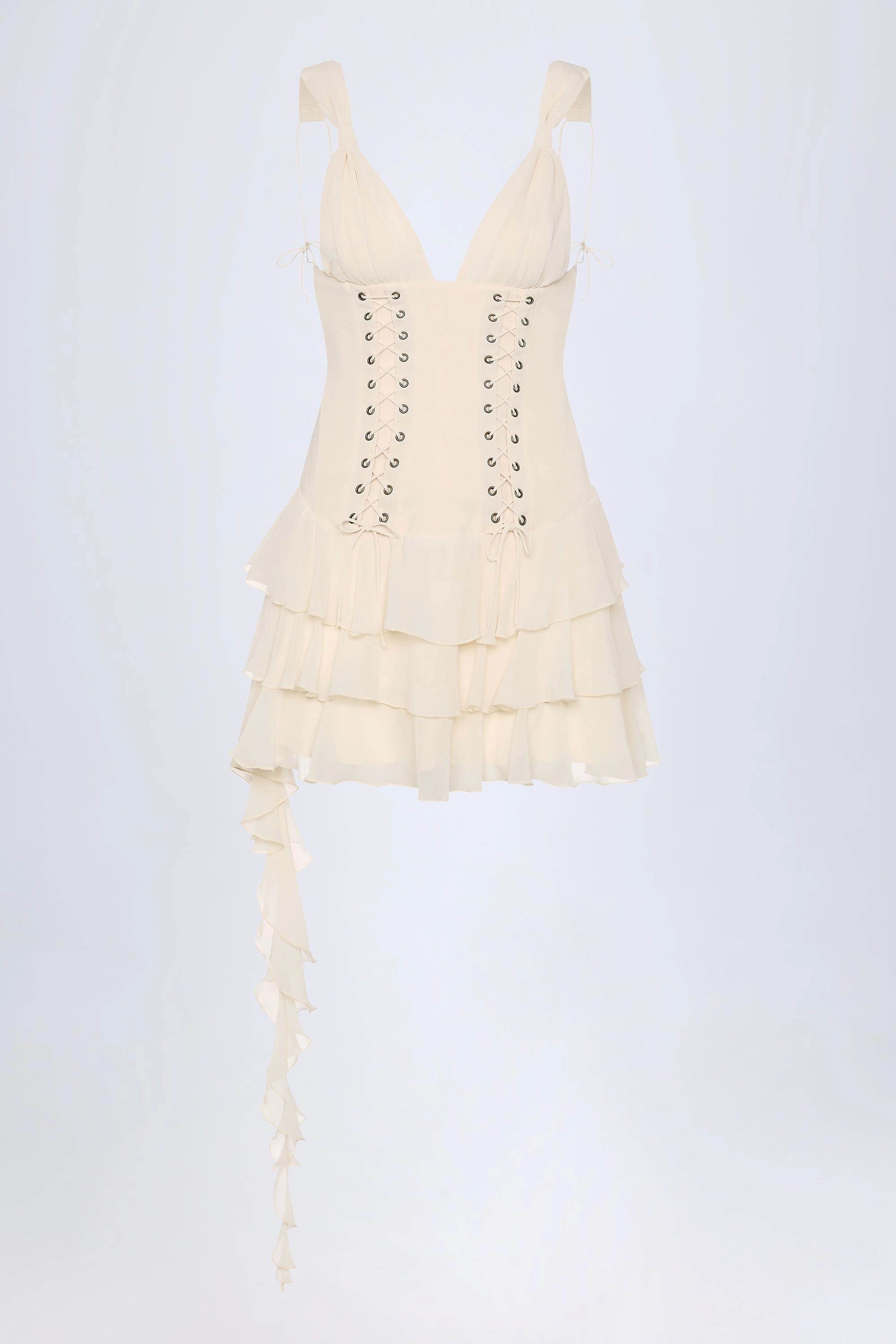 Lace-Up Ruffled Tiered Mini Dress in Ivory Dresses - sundresses outlet