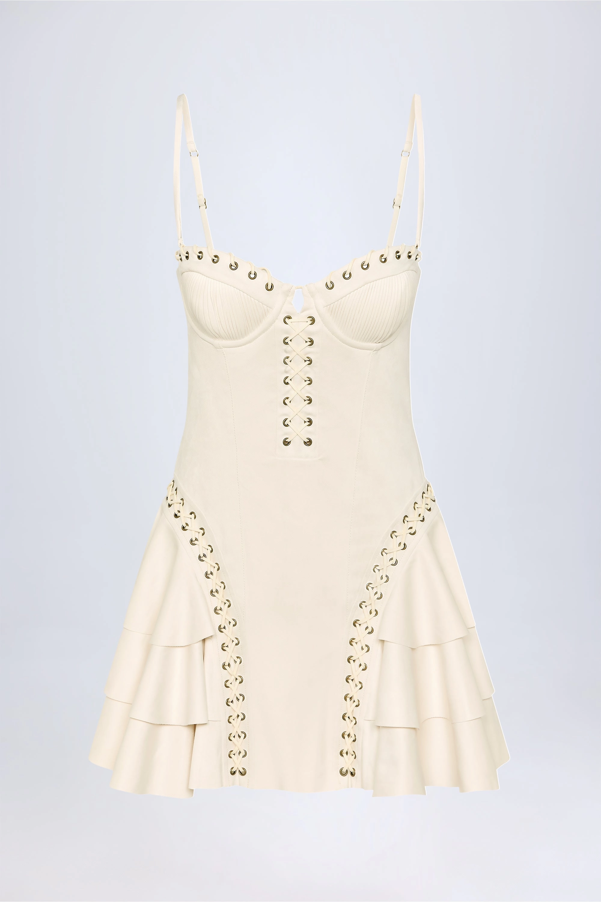 Lace-Up Tiered Corset Mini Dress in Ivory