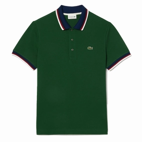 Lacoste Regular Fit Cotton Pique Contrast Collar Polo Shirt Pine Green mens t-shirts outlet