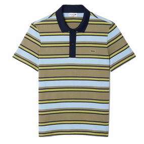 Lacoste Regular Fit Striped Cotton Polo Shirt Khaki Green / Blue mens t-shirts outlet