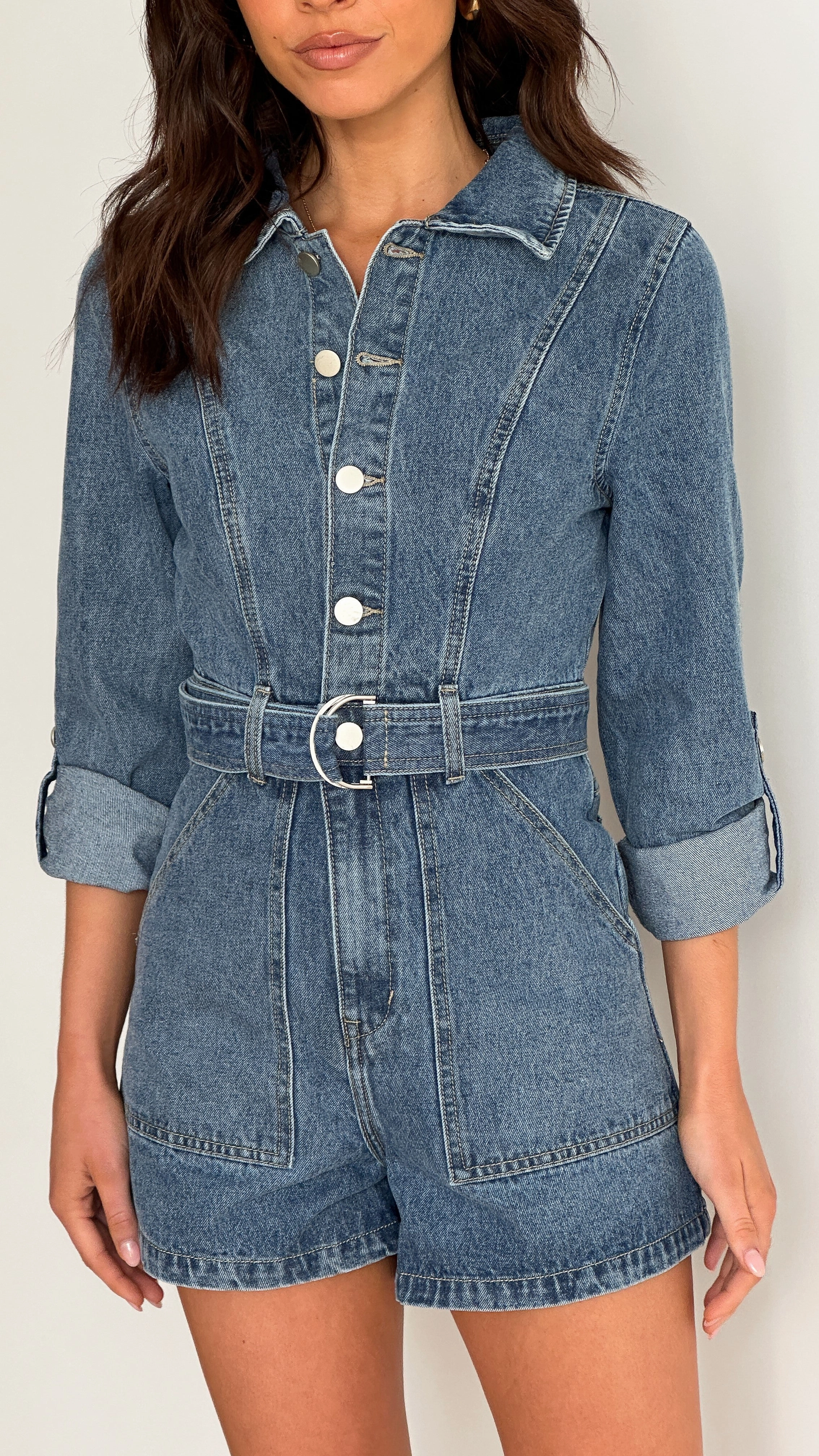 Lakeisha Long Sleeve Playsuit - Mid Blue Denim