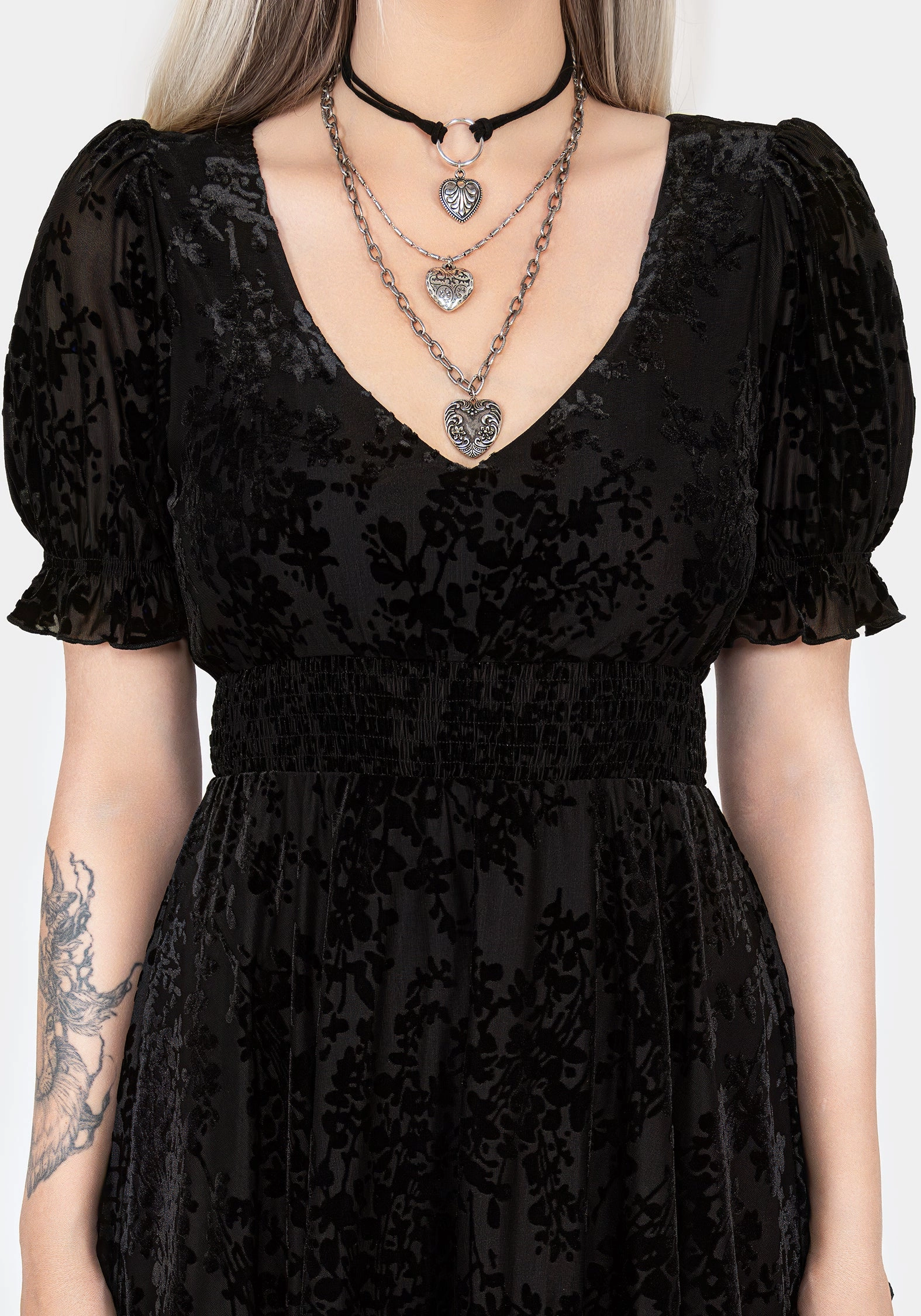 Lilias Devor Velour Mesh Tiered Mini Dress