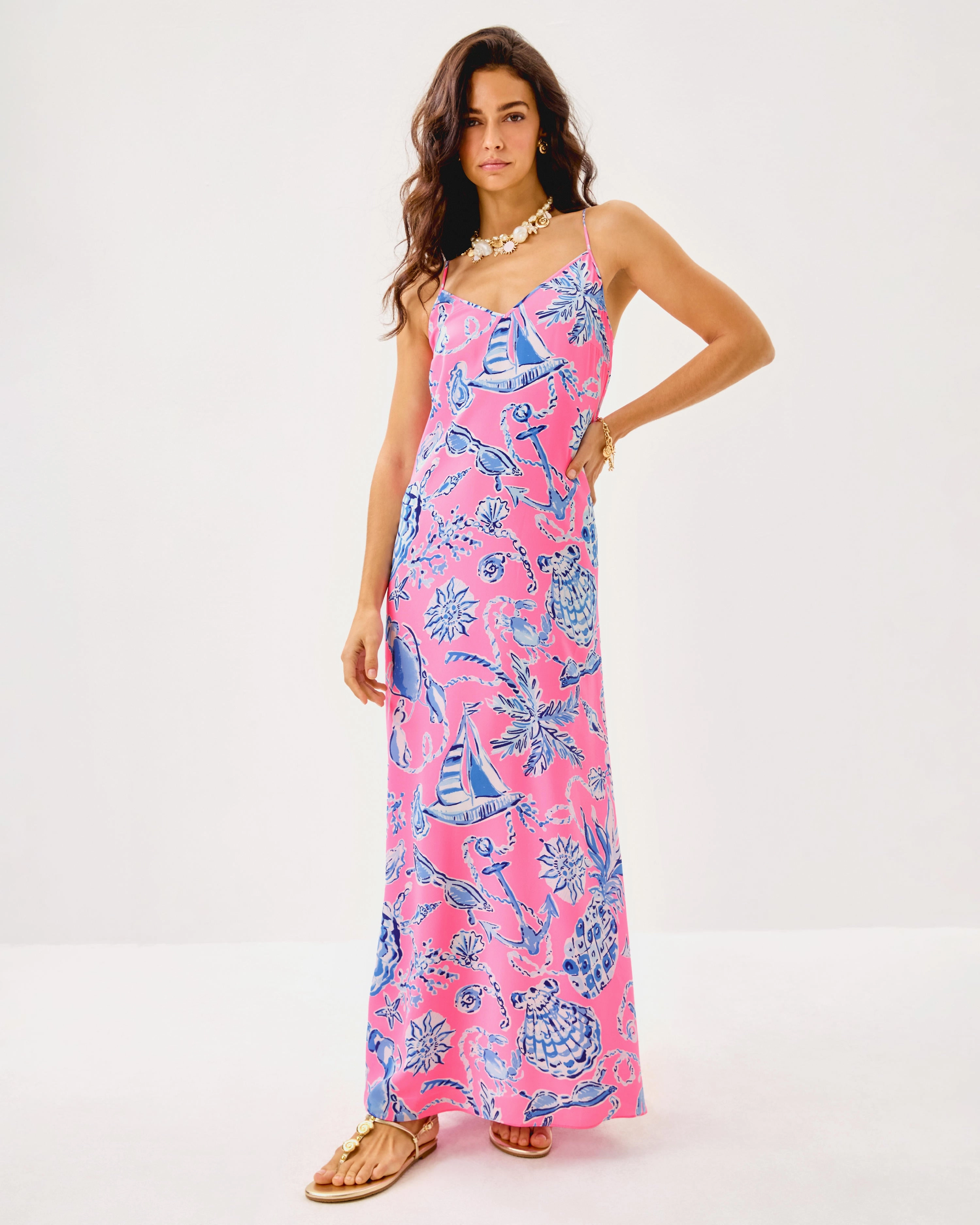Lilly Pulitzer Verica Silk Maxi Dress - Rousseau Pink - Oversized Barefoot Beachcombers