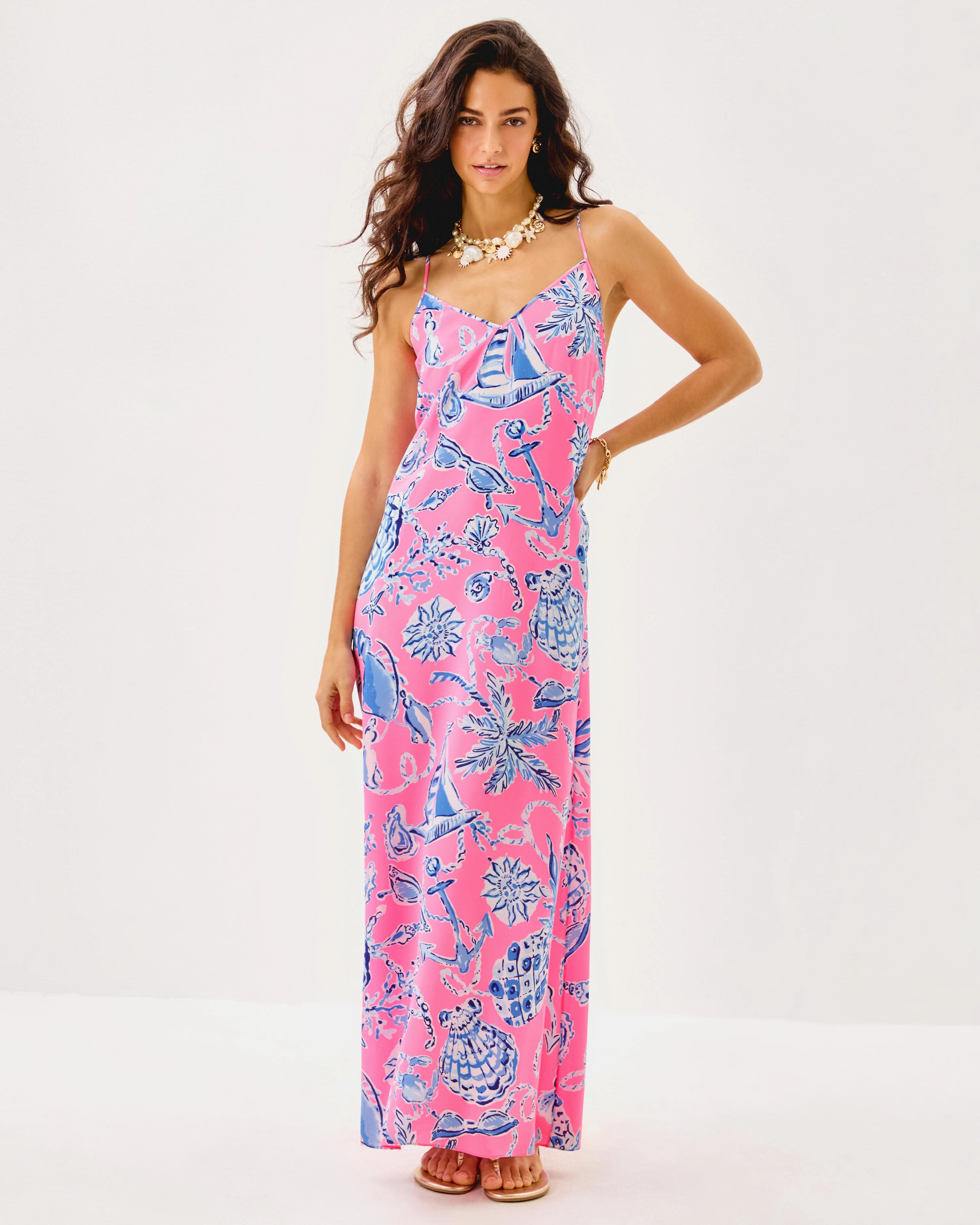 Lilly Pulitzer Verica Silk Maxi Dress - Rousseau Pink - Oversized Barefoot Beachcombers