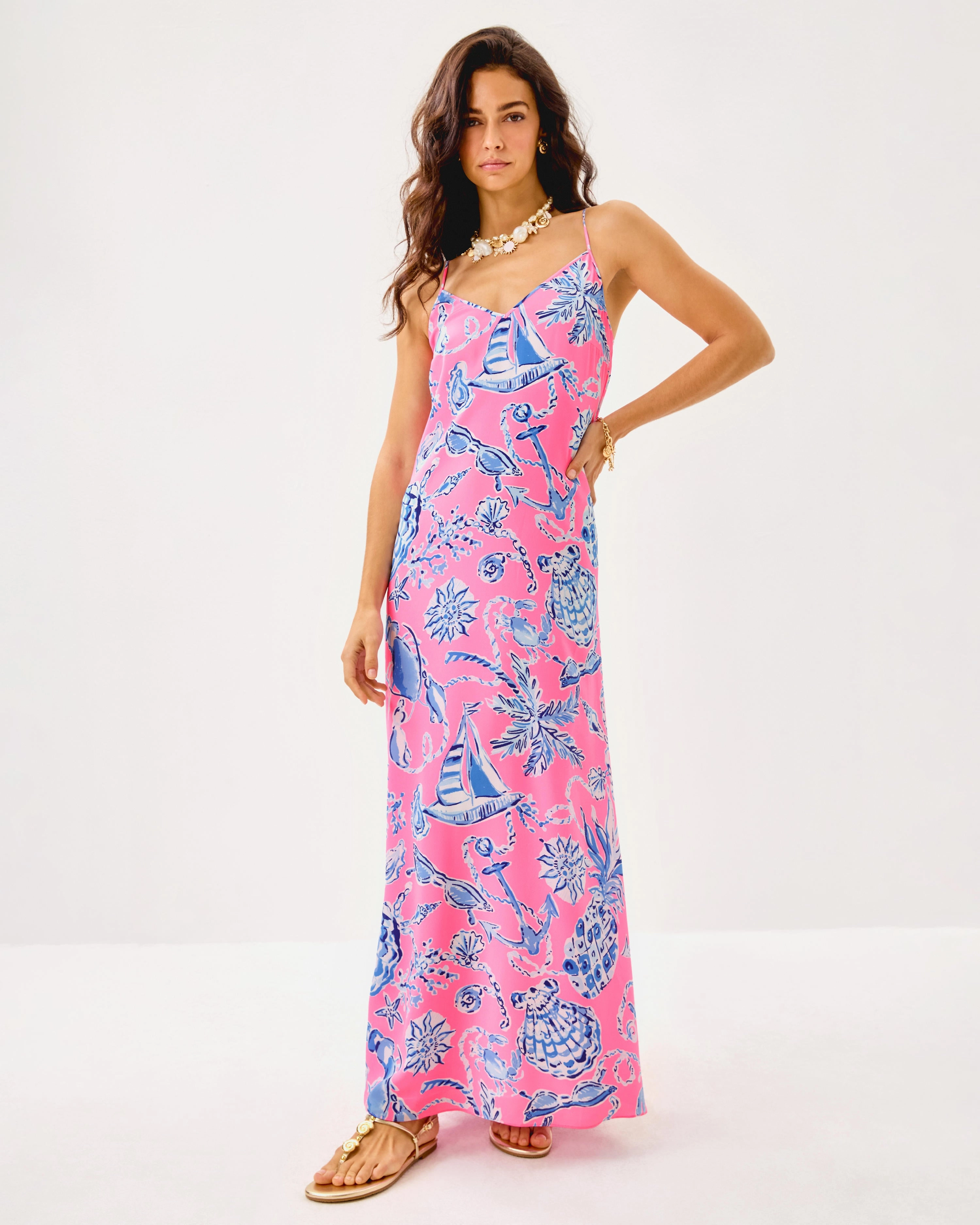 Lilly Pulitzer Verica Silk Maxi Dress - Rousseau Pink - Oversized Barefoot Beachcombers