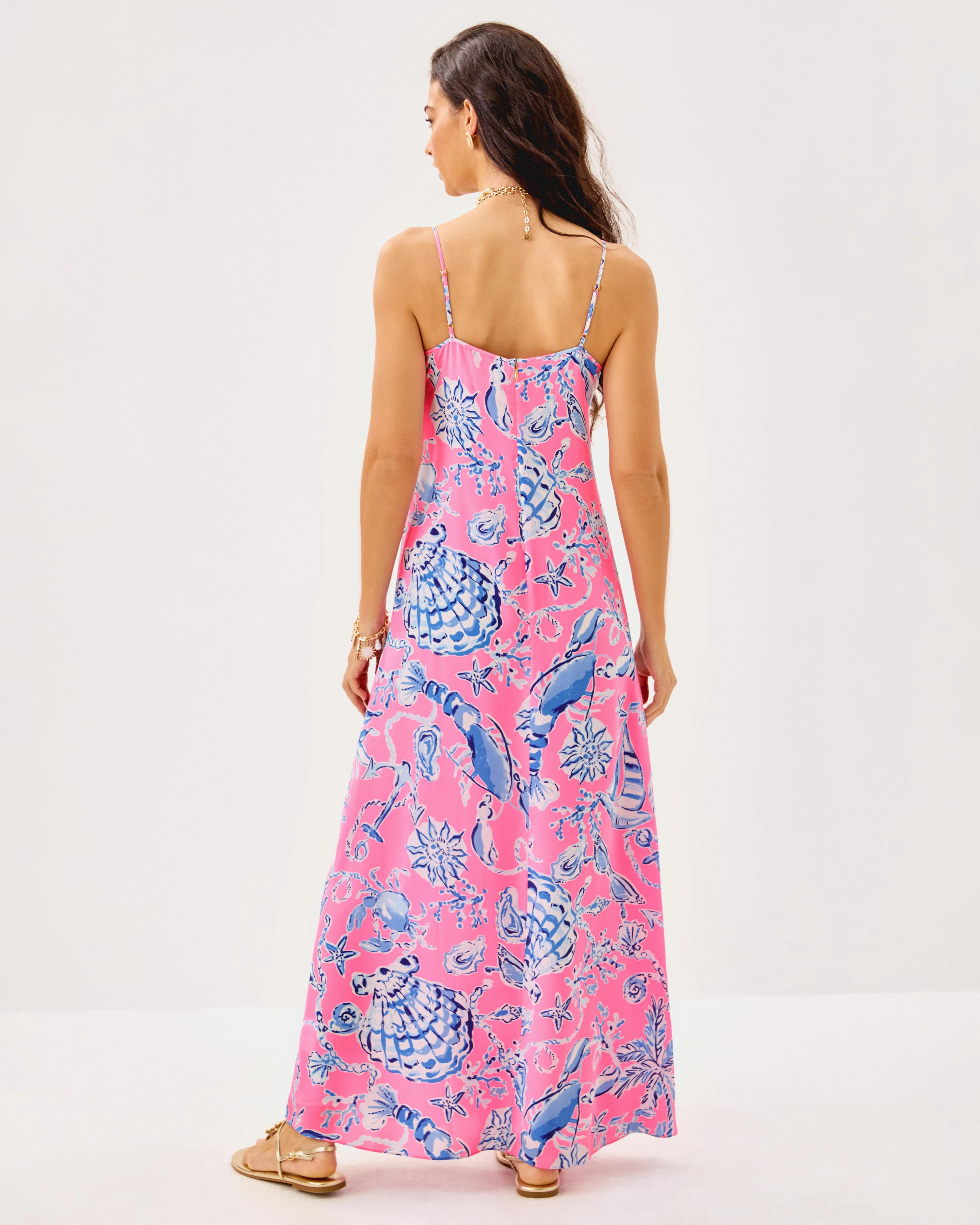 Lilly Pulitzer Verica Silk Maxi Dress - Rousseau Pink - Oversized Barefoot Beachcombers