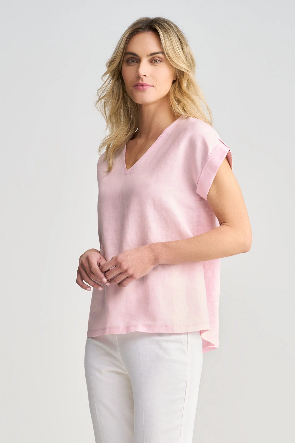 Linen Mix V-Neck T-Shirt - Icy Pink