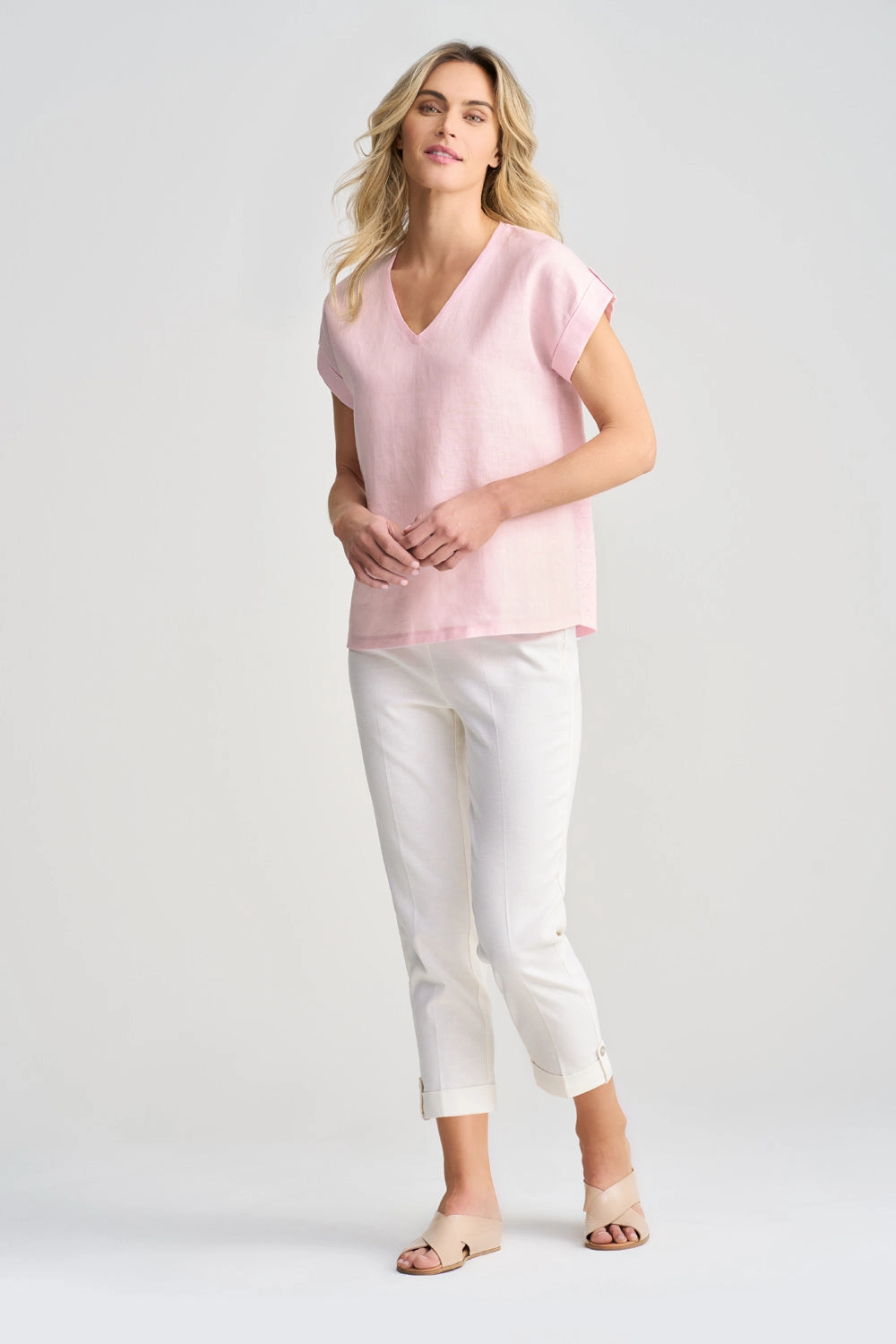 Linen Mix V-Neck T-Shirt - Icy Pink