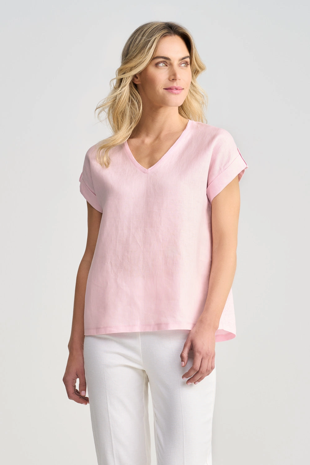 Linen Mix V-Neck T-Shirt - Icy Pink