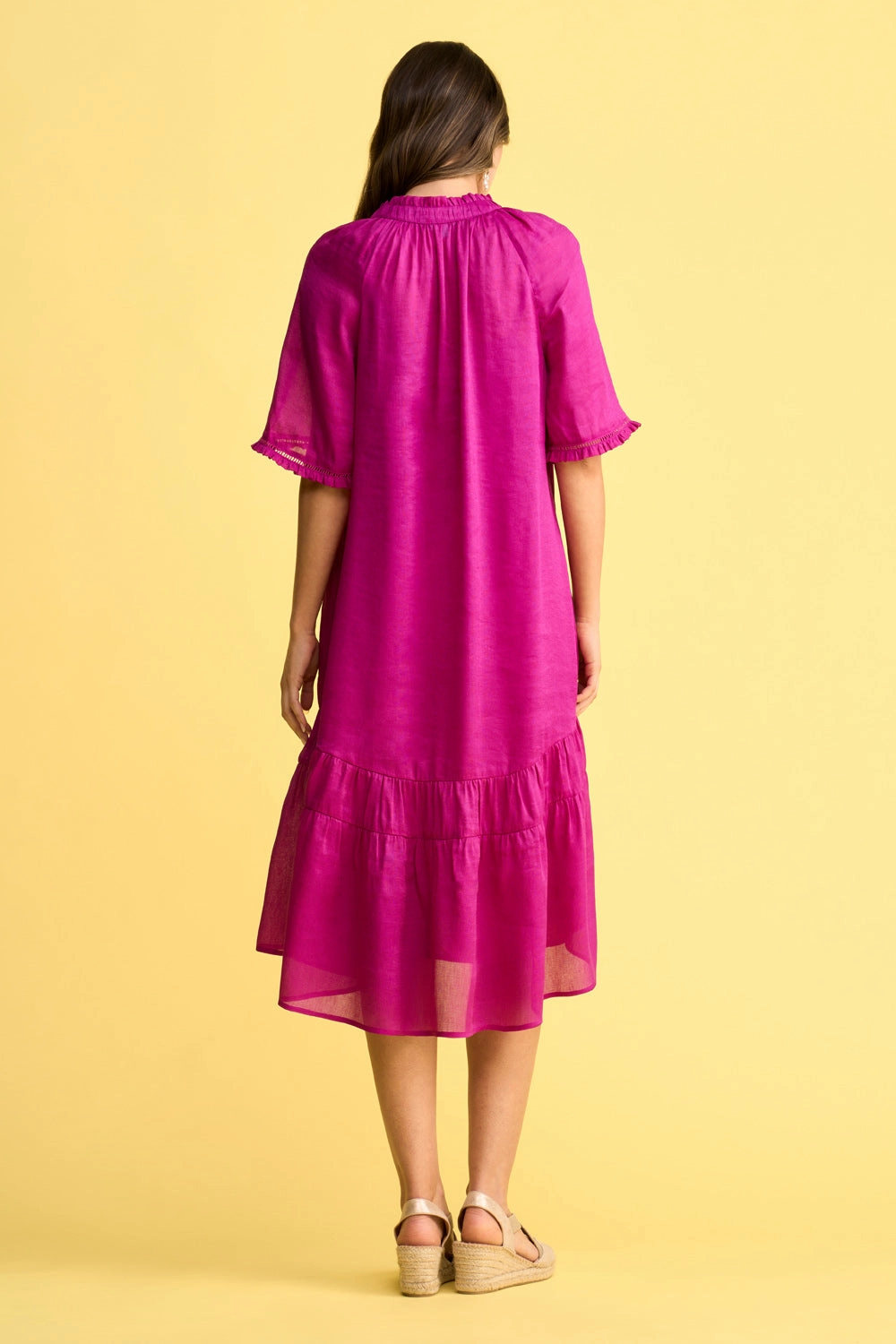 Linen Silk Ruffle Dress - Fuchsia