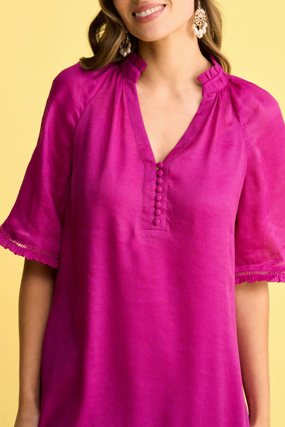 Linen Silk Ruffle Dress - Fuchsia