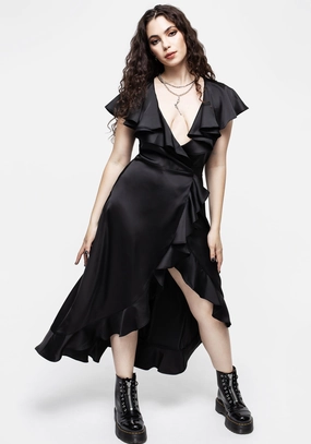 Linnette Satin Ruffle Wrap Midi Dress Dresses Womens - beach dresses cheap