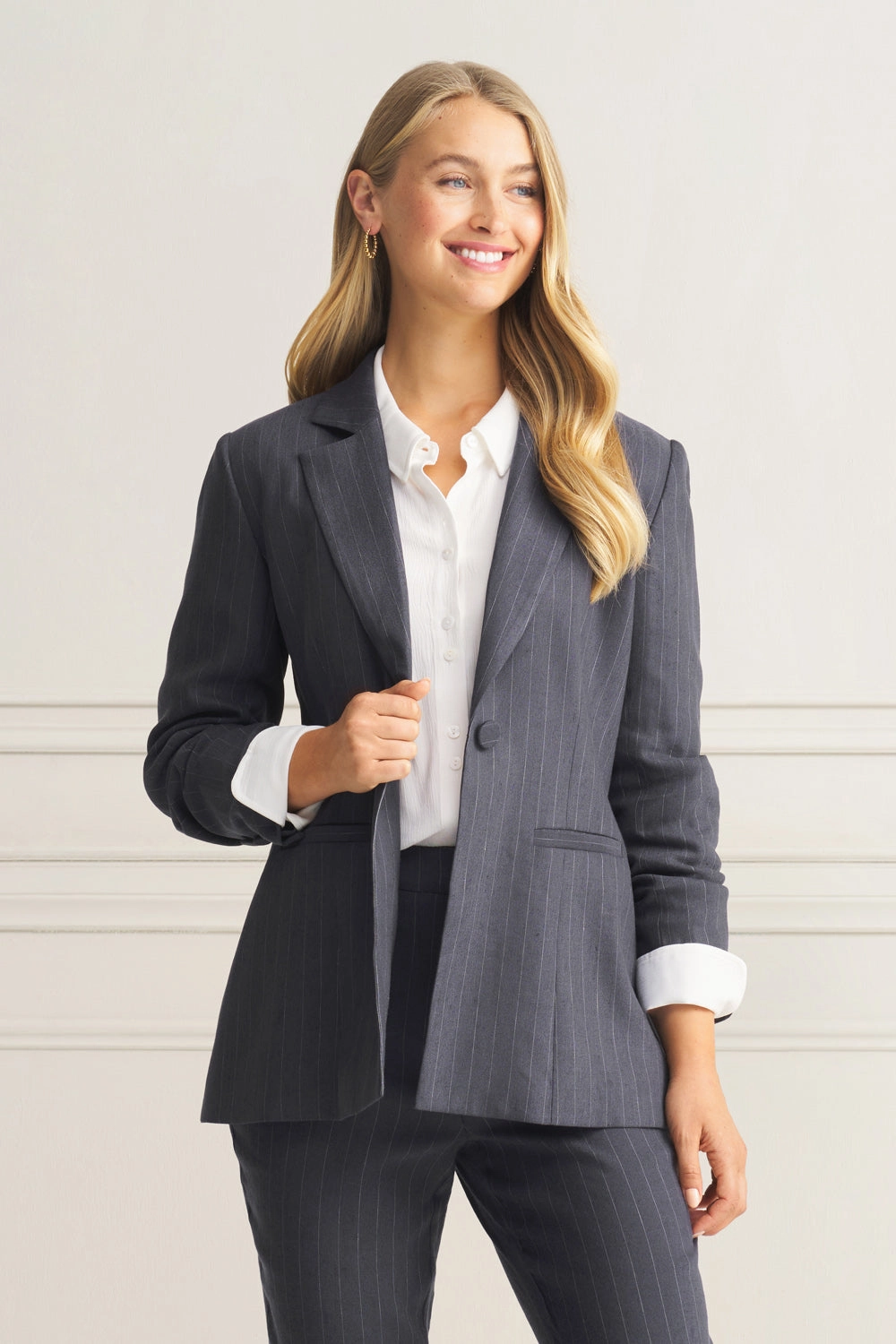 Long Line Linen Jacket - Charcoal Pinstripe