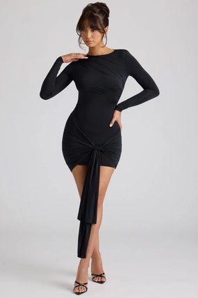 Long Sleeve Draped Mini Dress in Black Dresses - lace dresses best price