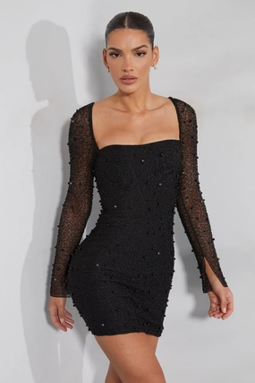 Long Sleeve Embellished Corset Mini Dress in Black Dresses - wrap dresses discount