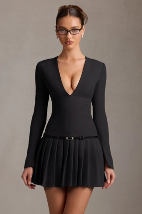 Long-Sleeve Pleated Mini Dress in Black Dresses - wrap dresses discount