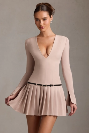 Long-Sleeve Pleated Mini Dress in Mushroom Dresses - wrap dresses discount