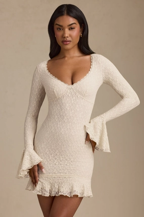 Long-Sleeve Ruffled Lace Mini Dress in Ivory Dresses - sundresses outlet