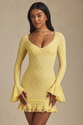Long-Sleeve Ruffled Lace Mini Dress in Pastel Yellow Dresses - lace dresses best price