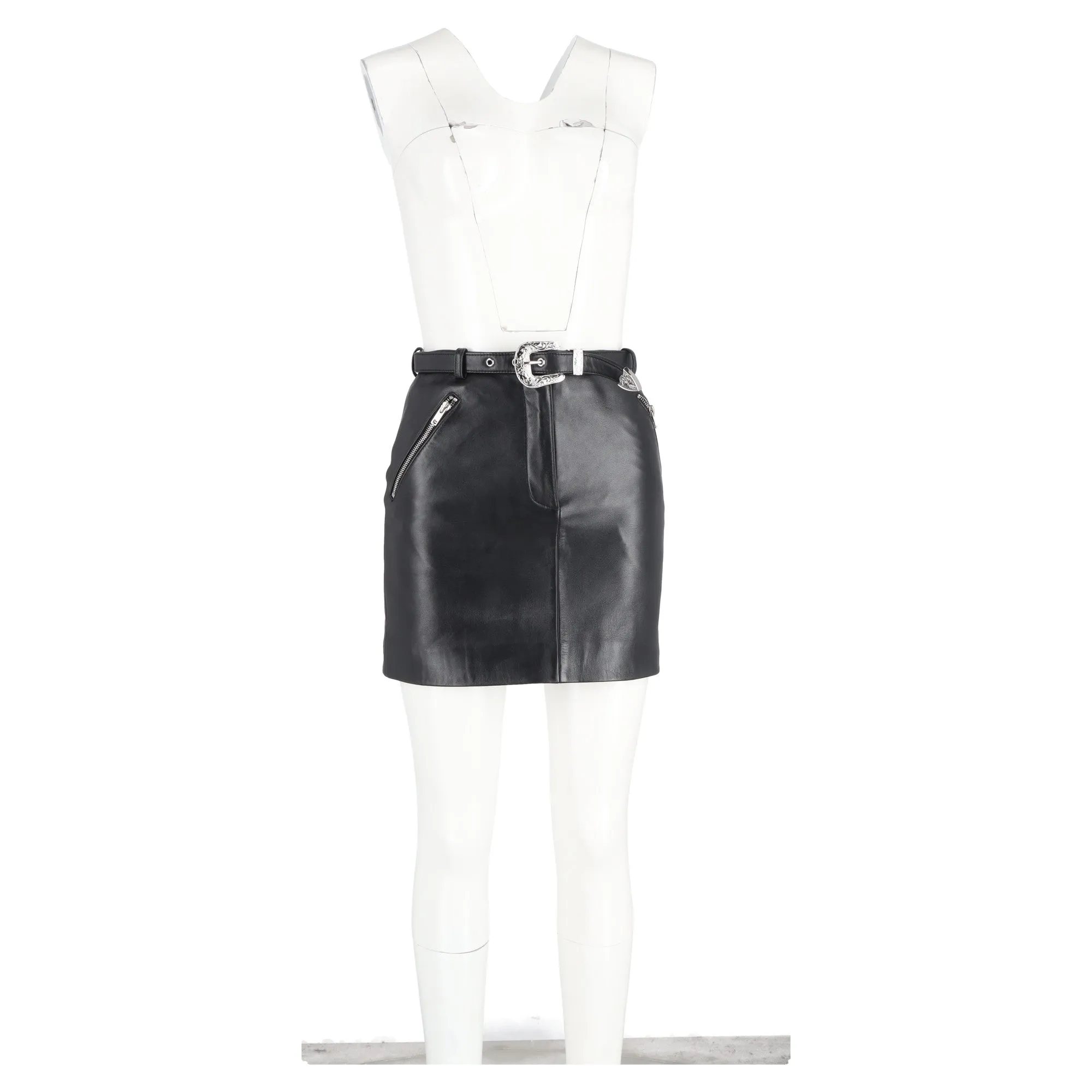 Maje Jerto Belted Mini Skirt in Black Leather
