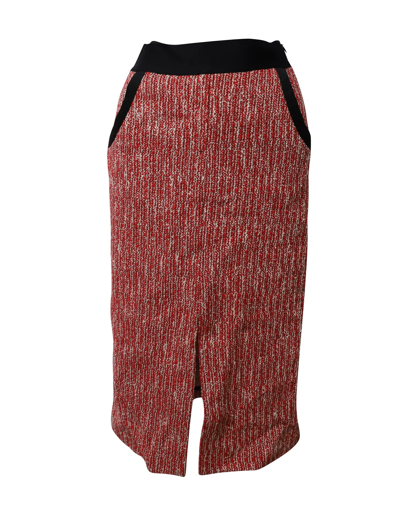Maje Jivor Tweed Pencil Midi Skirt in Red Cotton