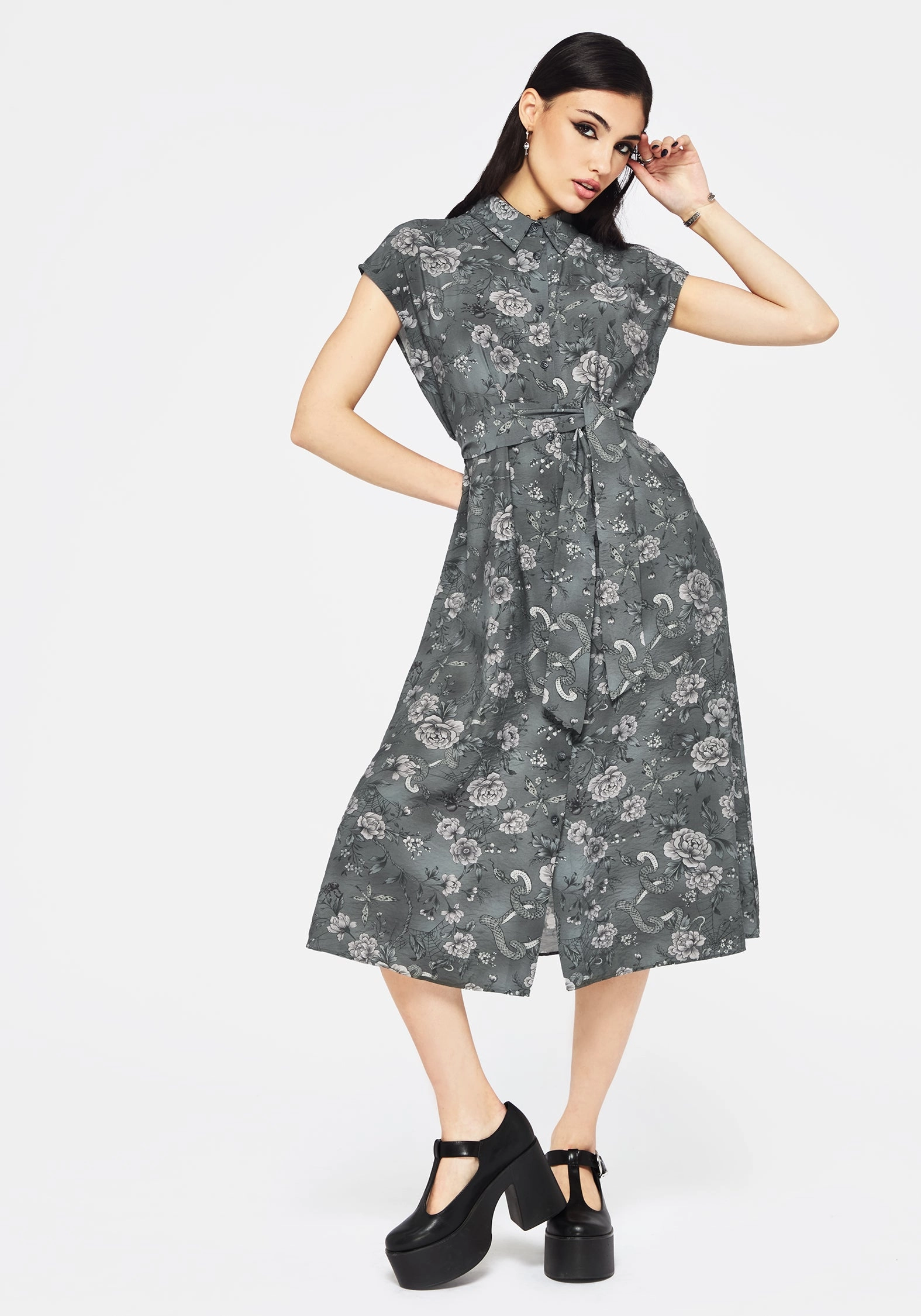 Meadow Floral Serpent Print Midi Shirt Dress Dresses Womens - wedding guest outfits