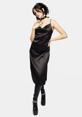 Medeina Cowl Neck Satin Midi Slip Dress - Midnight Black Dresses Womens - beach dresses cheap
