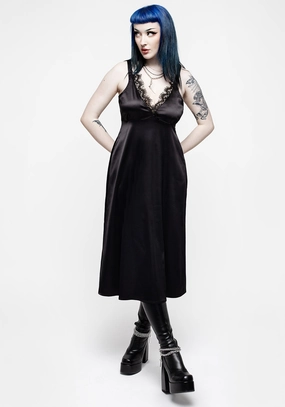 Medeina Lace Trim Satin Midi Slip Dress - Midnight Black Dresses Womens - beach dresses cheap