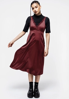 Medeina Lace Trim Satin Midi Slip Dress - Red Dresses Womens - beach dresses cheap