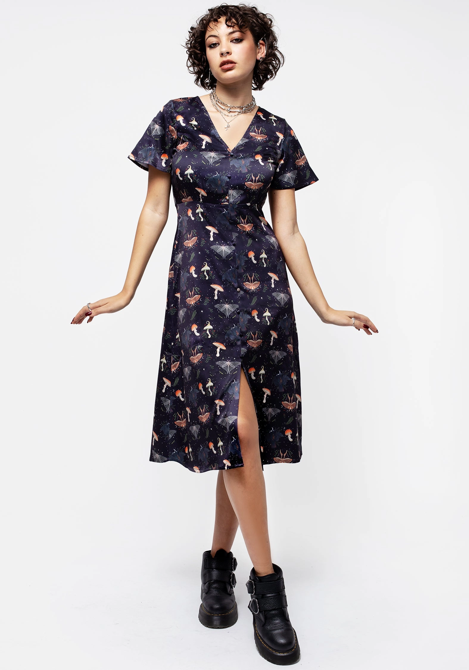 Medeina Print Button Front Satin Midi Dress Dresses Womens - beach dresses cheap