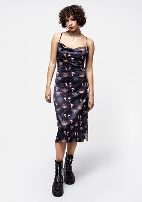 Medeina Print Cowl Neck Satin Midi Slip Dress Dresses Womens - beach dresses cheap
