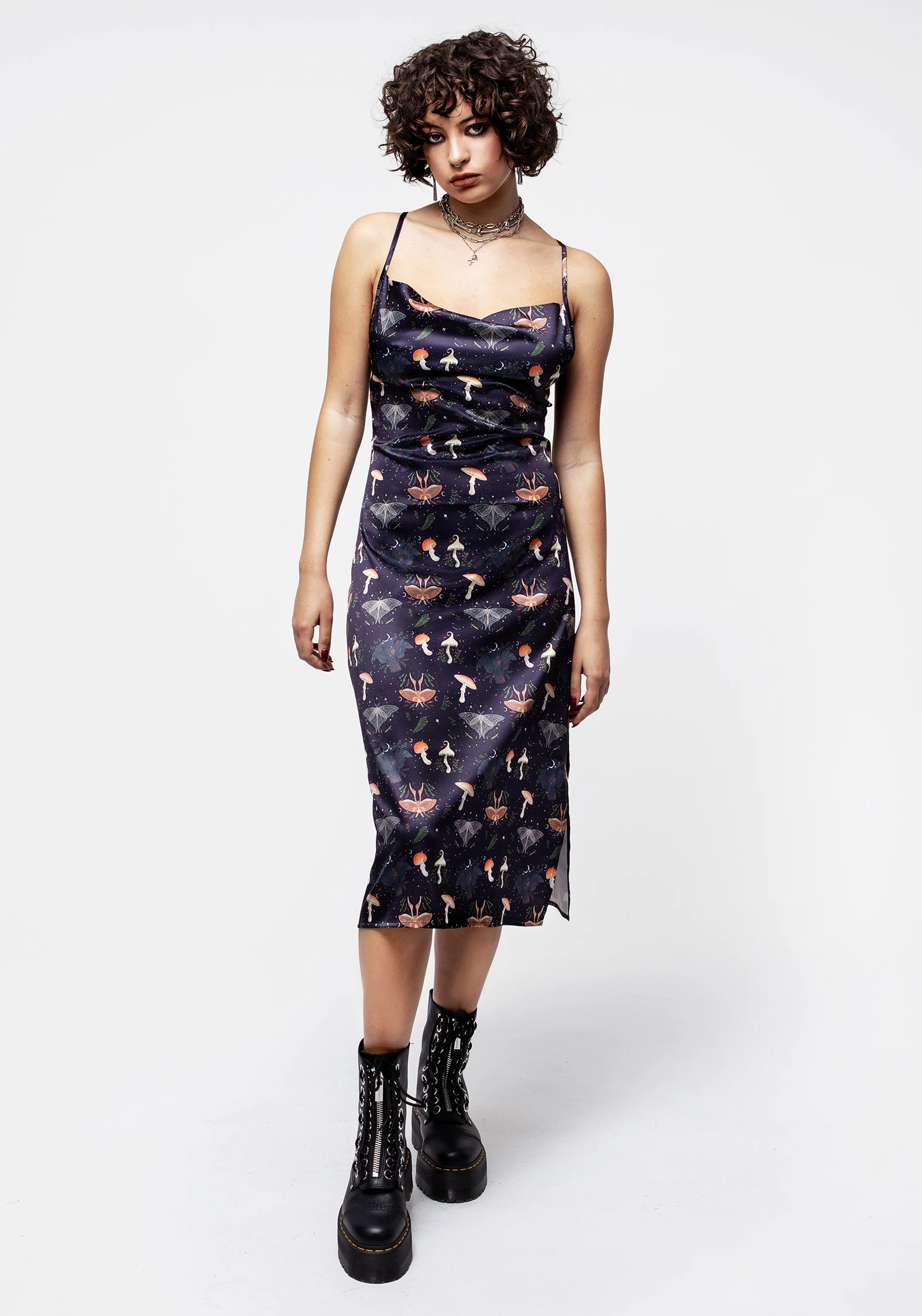 Medeina Print Cowl Neck Satin Midi Slip Dress Dresses Womens - beach dresses cheap