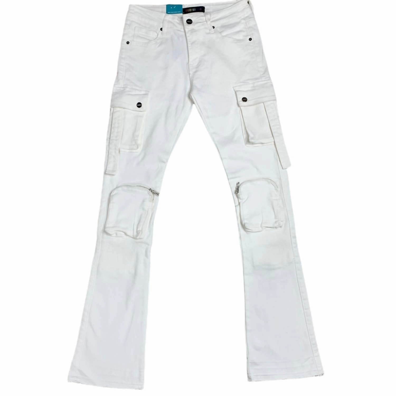 Men's Never Look Back Cargo Flare Stack Denim Jean In White