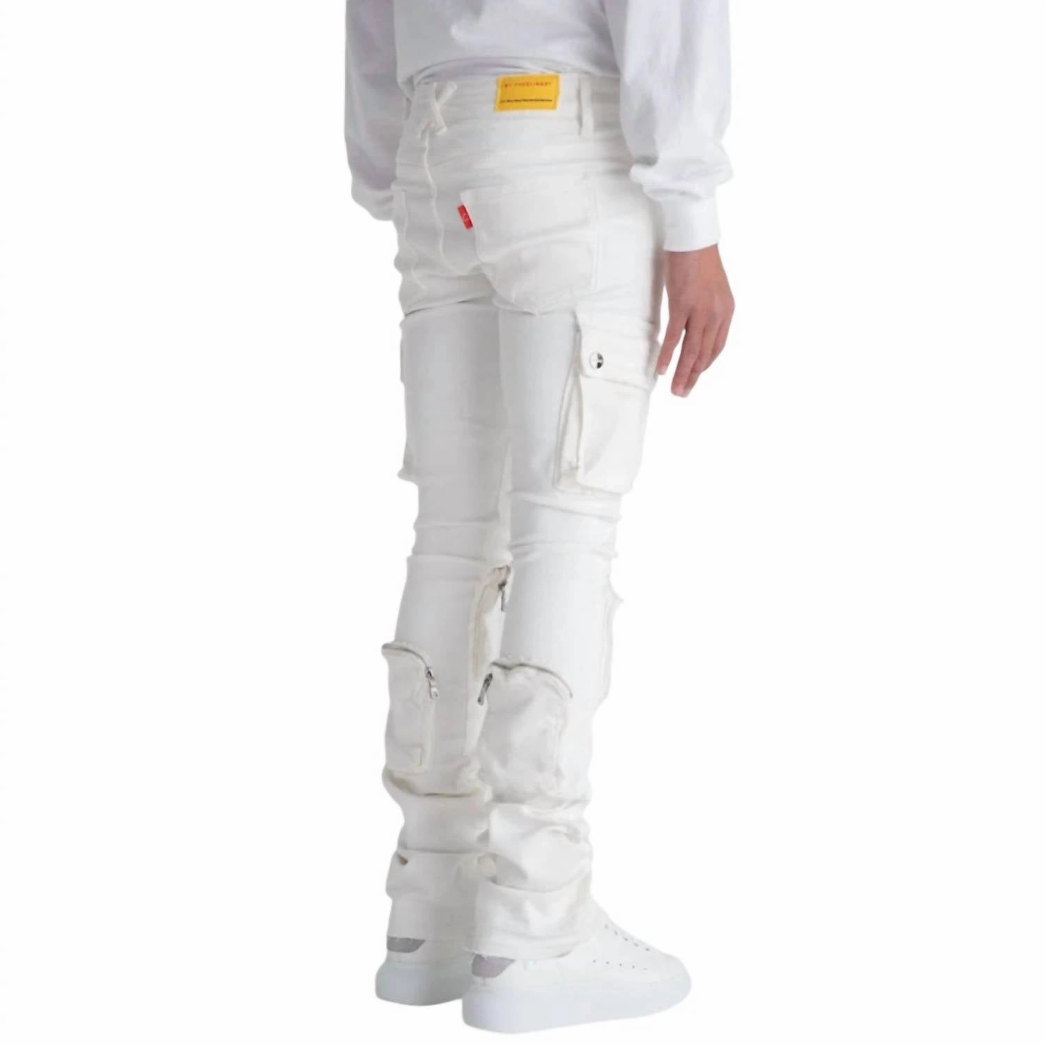 Men's Never Look Back Cargo Flare Stack Denim Jean In White
