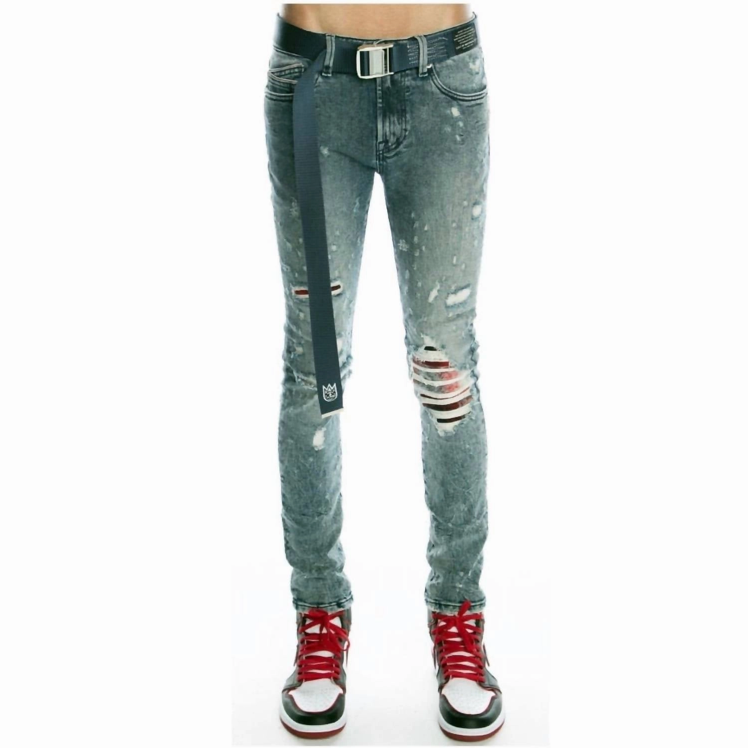 Men's Punk Super Skinny Stretch Belted Jeans In Grit