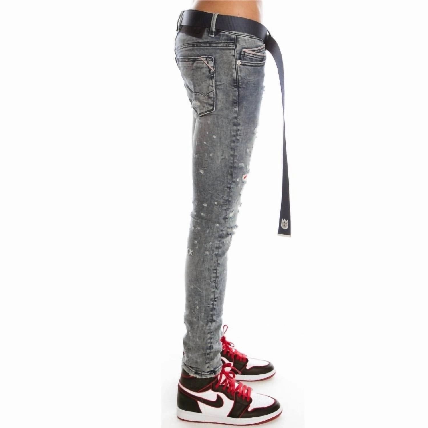 Men's Punk Super Skinny Stretch Belted Jeans In Grit
